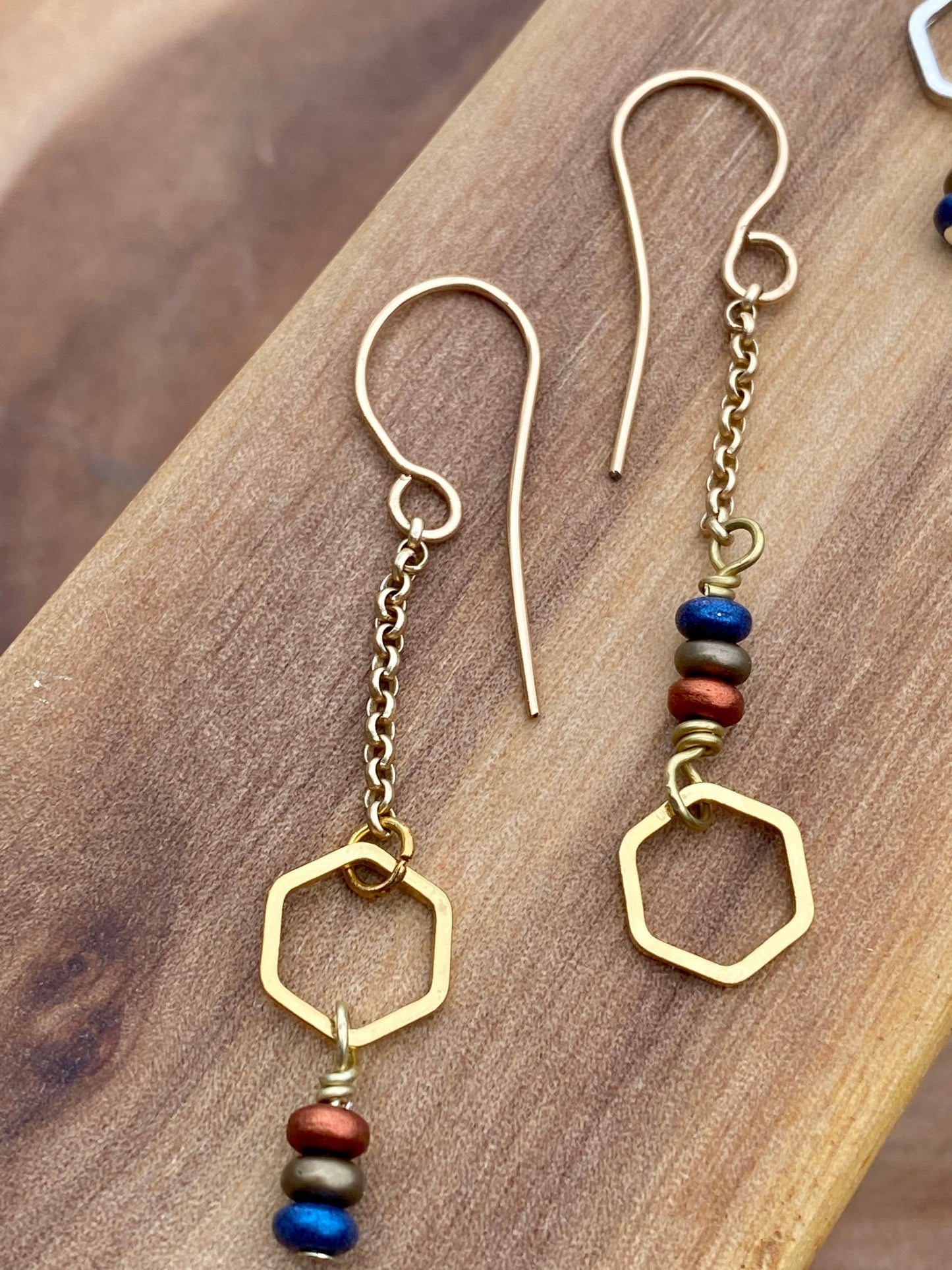 Brass Chain Dangles w/Hex : Earrings
