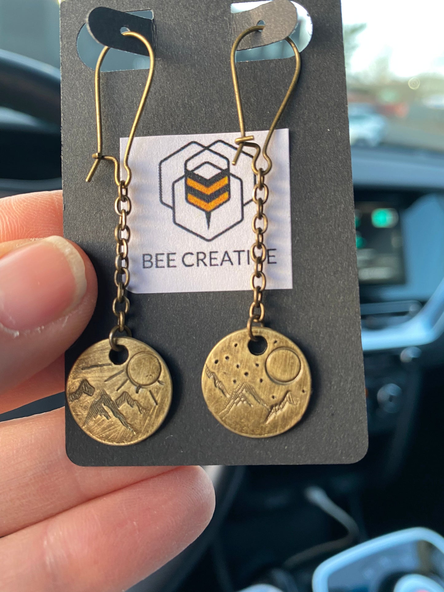 Earrings: Hand Stamped Brass Day & Night Chain Dangles