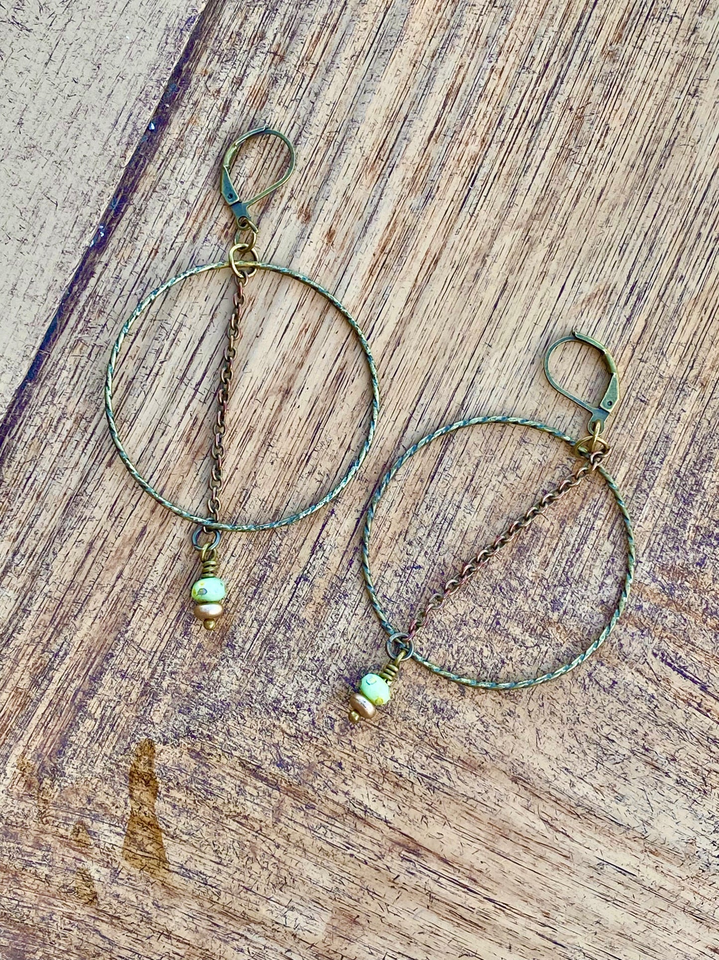 Earrings: Brass Dangles with glass bead accent