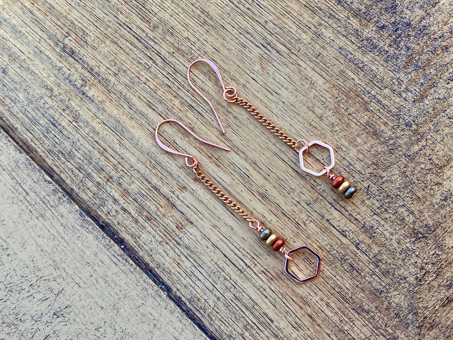 Brass Chain Dangles w/Hex : Earrings