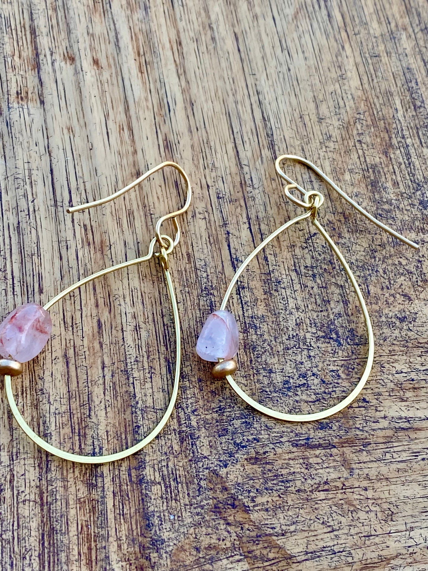 Earrings: Brass Dangles with harlequin quartz and glass bead accent