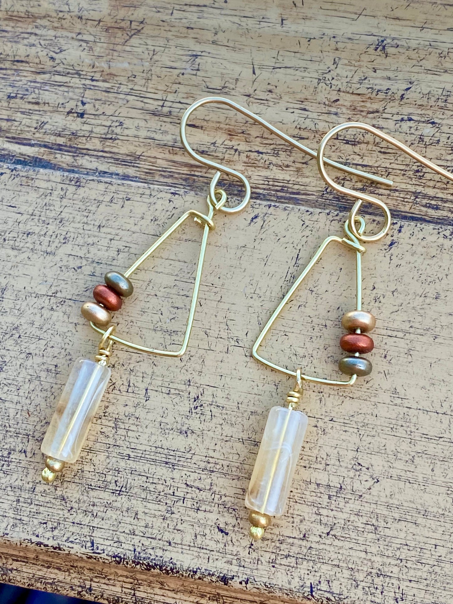 Earrings: Brass Dangles with harlequin quartz and glass bead accent