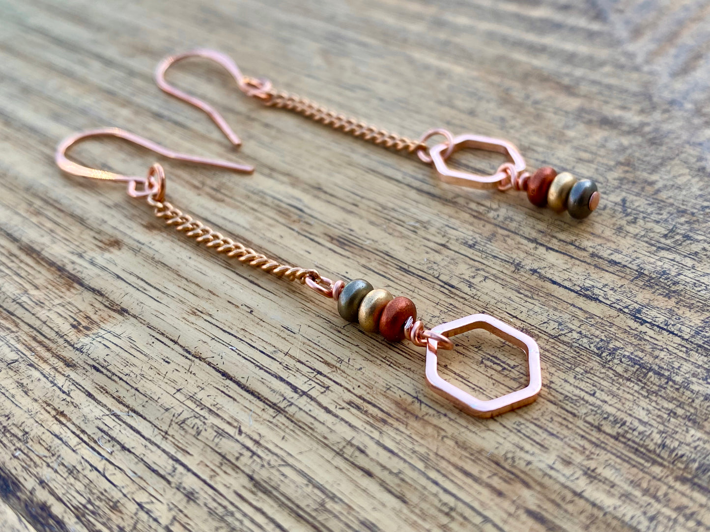 Brass Chain Dangles w/Hex : Earrings