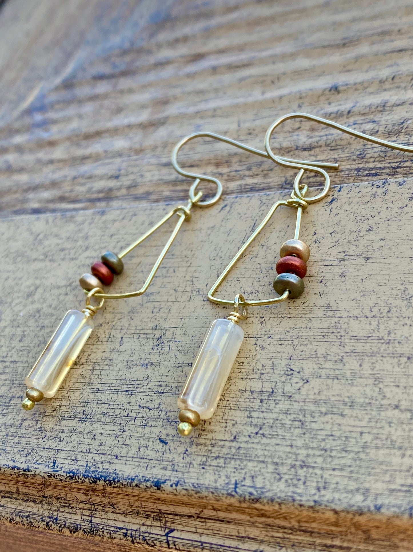 Earrings: Brass Dangles with harlequin quartz and glass bead accent