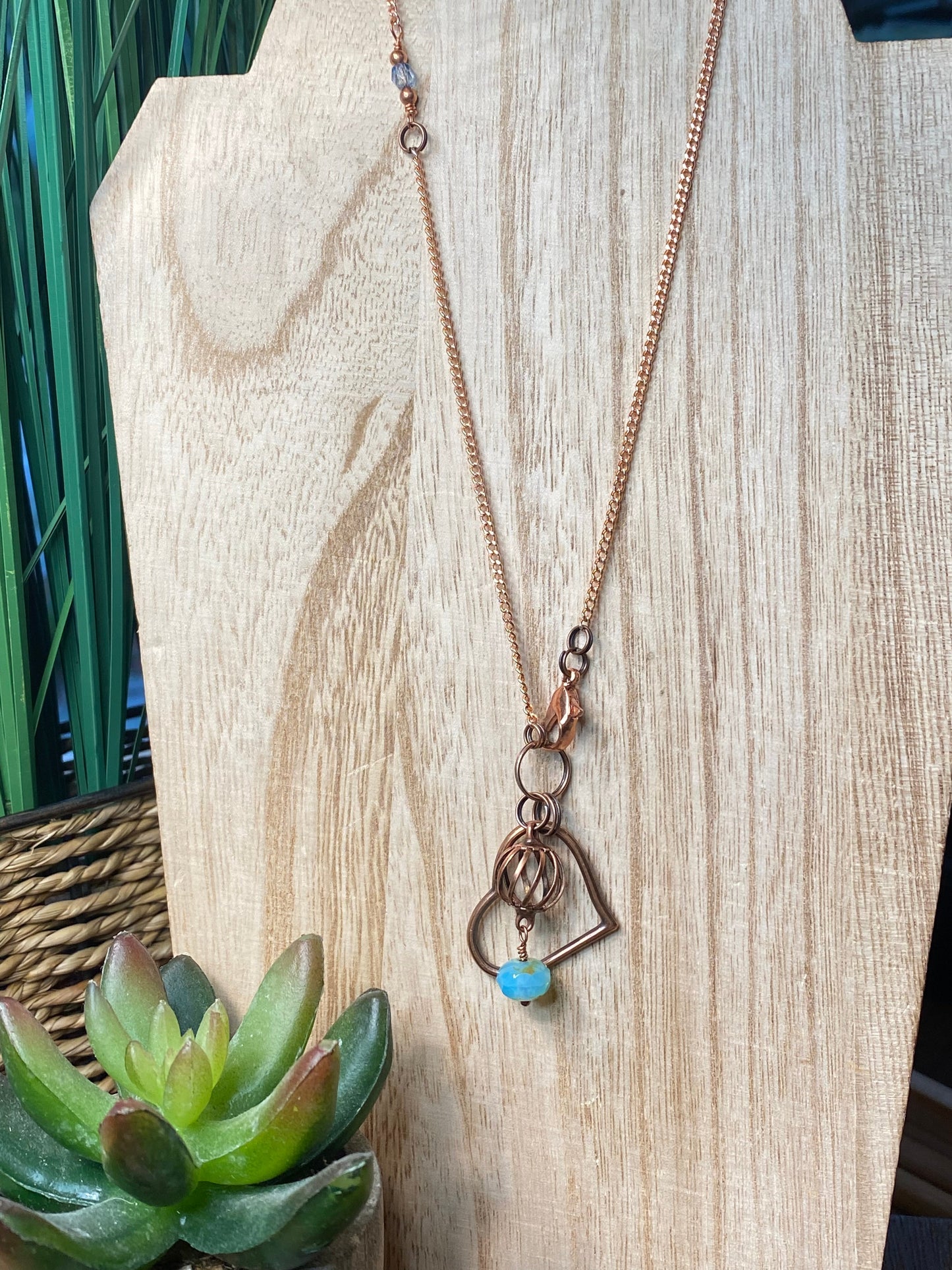 Necklace -30,33,36” Adjustable w/Reclaimed Copper Heart, Sea Blue Czech Faceted Accent, on a Copper Cable Chain