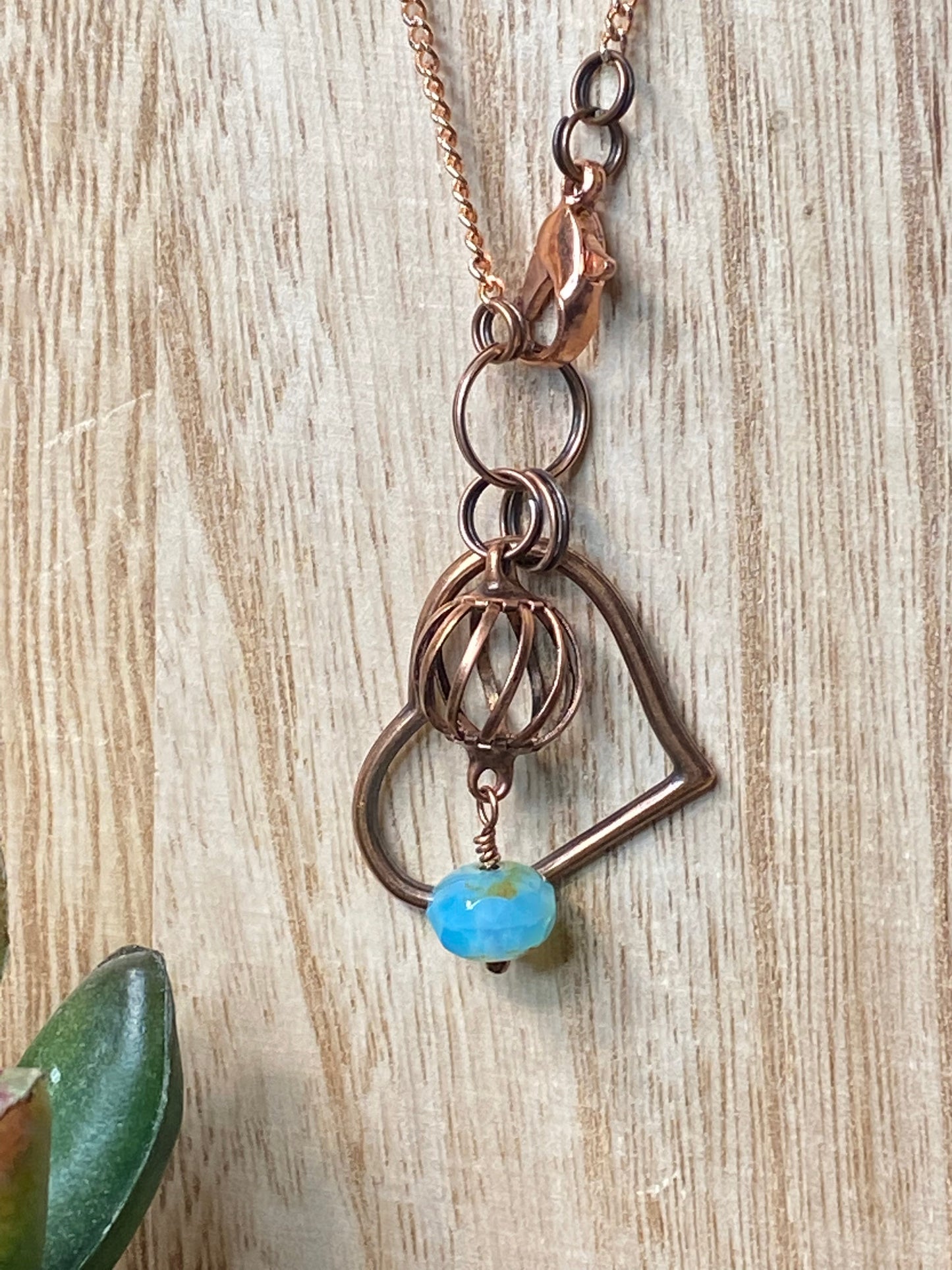Necklace -30,33,36” Adjustable w/Reclaimed Copper Heart, Sea Blue Czech Faceted Accent, on a Copper Cable Chain