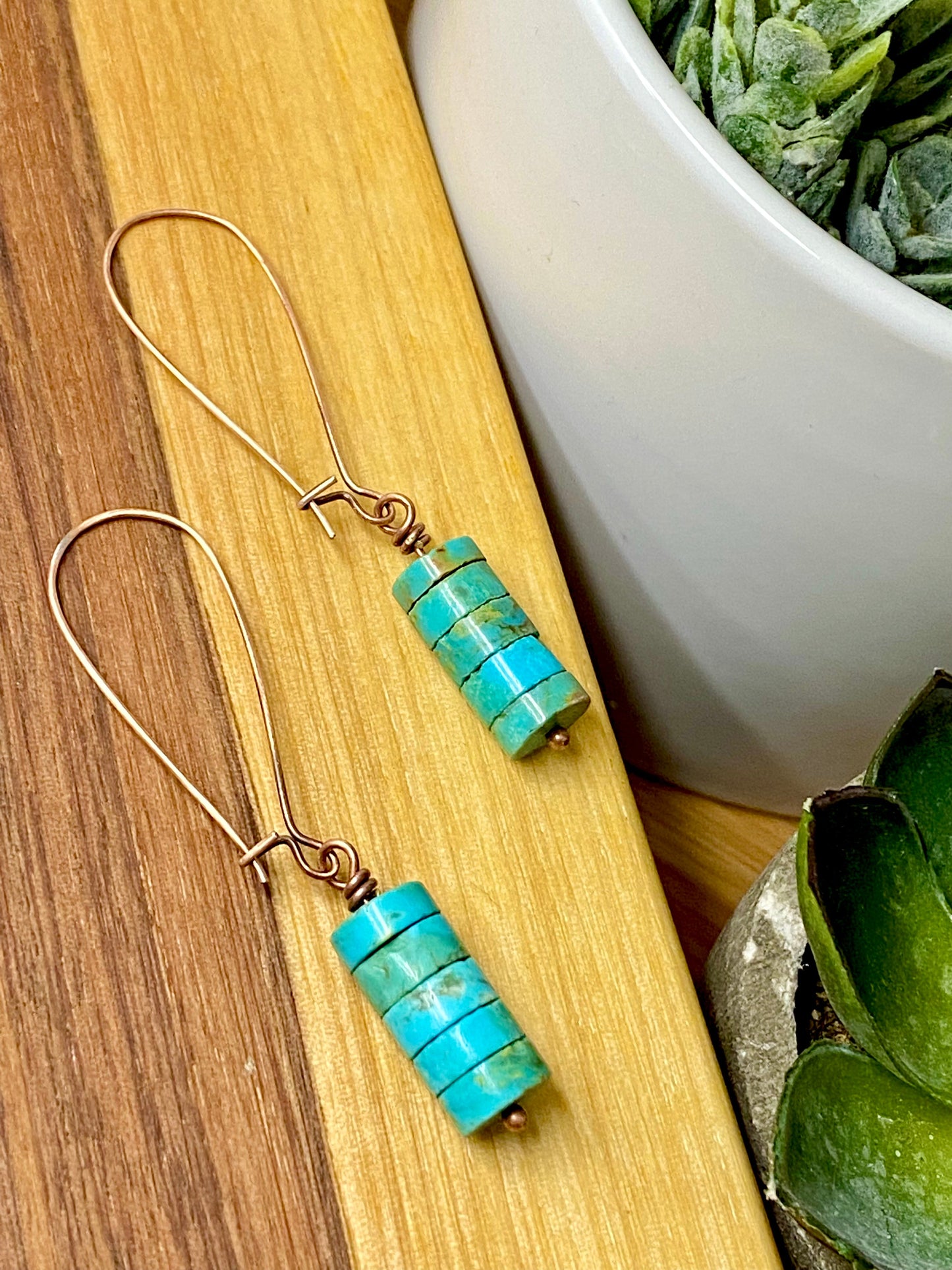 Earrings: Stacked Turquoise Flat Round Dangle , Copper Marquis hardware