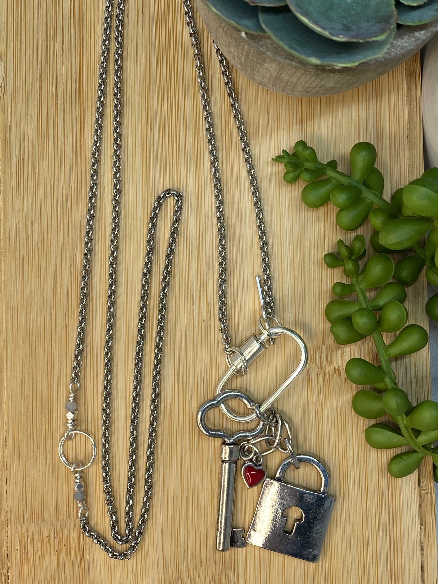 Necklace - 36” Adjustable - Key to My Heart, Sterling Silver Red Jasper accent on a Stainless Steel rolo chain