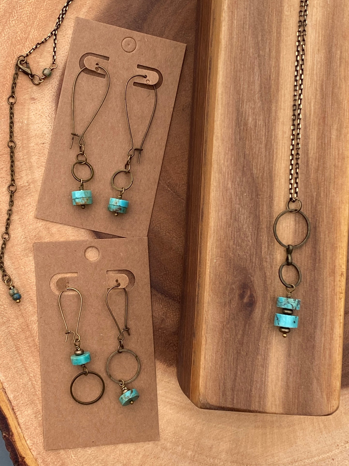 Necklace: Brass chain with Double Hoop- Turquoise disc accent - Shape of Things  SALE