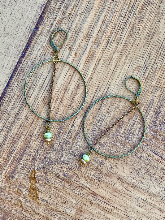 Earrings: Brass Dangles with glass bead accent