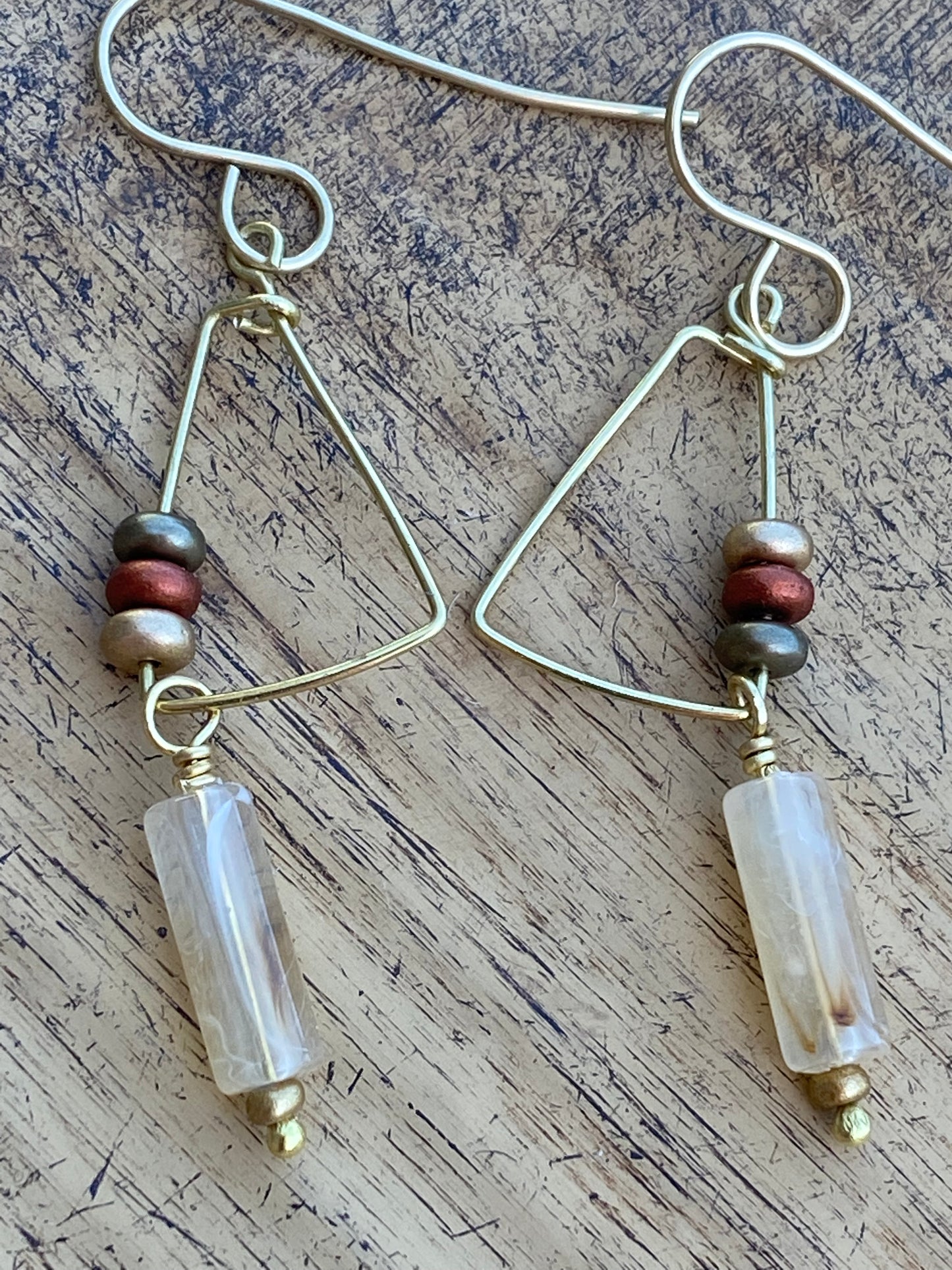 Earrings: Brass Dangles with harlequin quartz  and glass bead accent