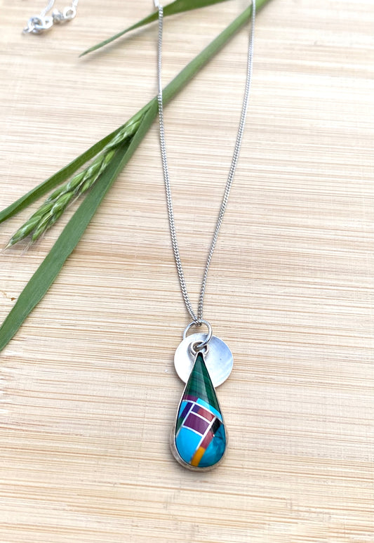 Sterling Silver Dome & Zuni Inlay Pendant Necklace